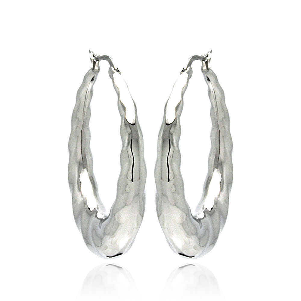 Rhodium Plated Stainless Steel Twisted Puffed Hoop Earrings - SSE00057