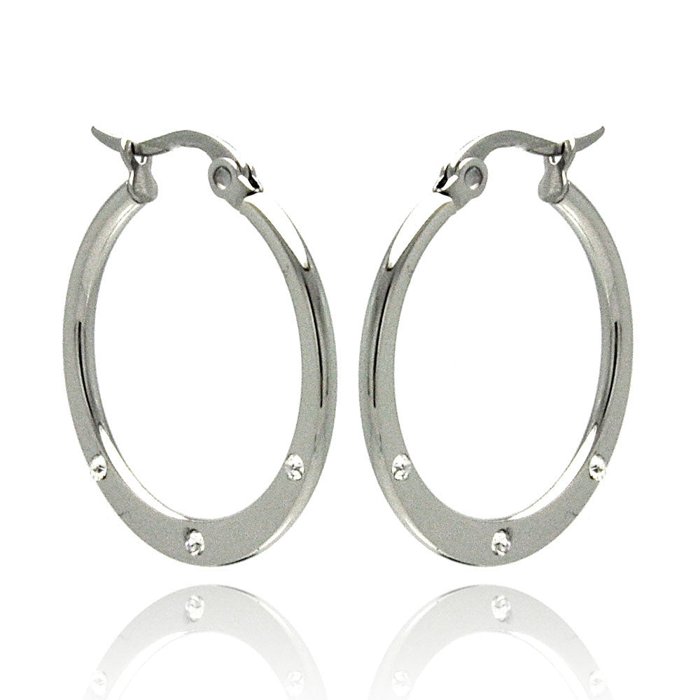 Rhodium Plated Stainless Steel 3 Cubic Zirconia Flat Hoop Earrings - SSE00058
