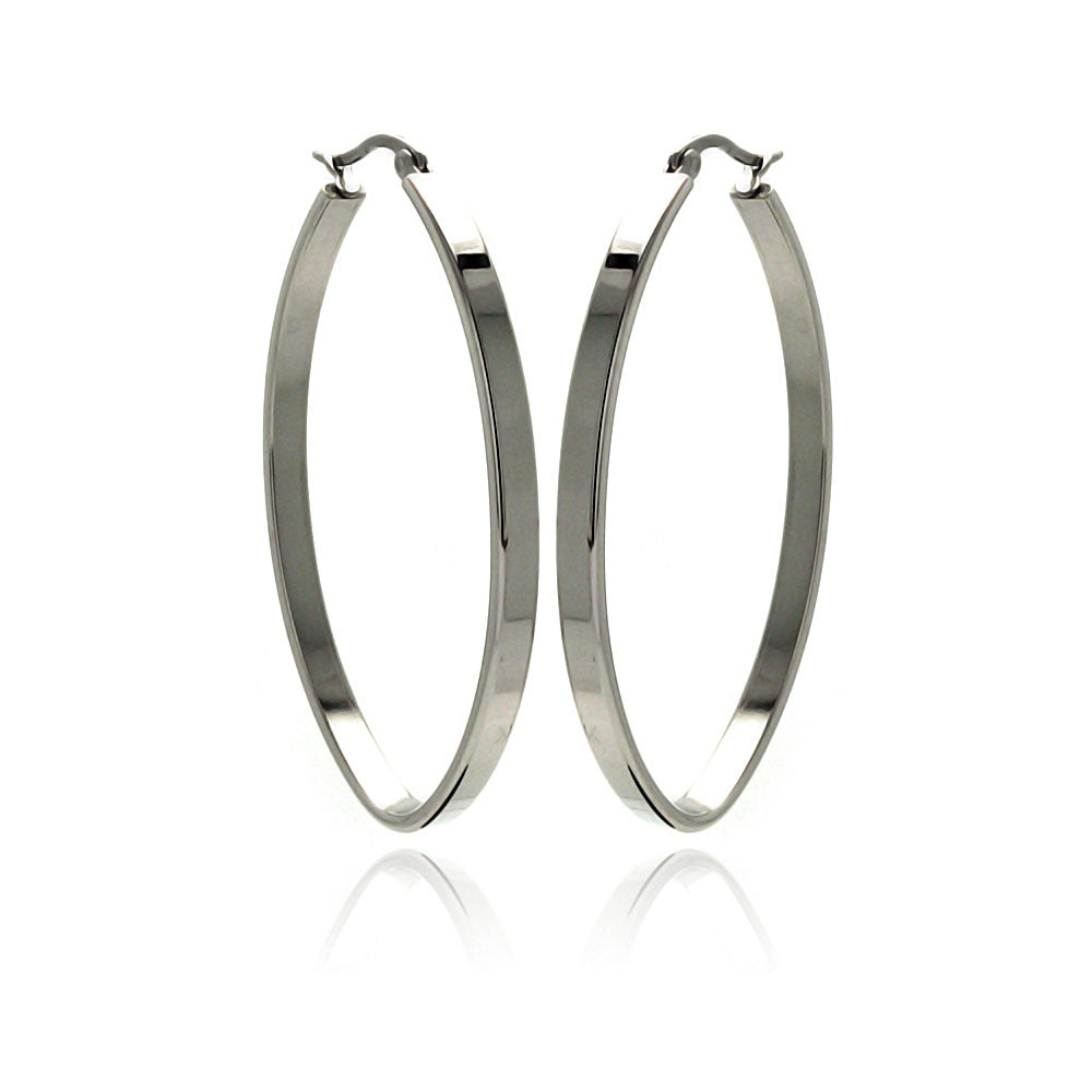 Rhodium Plated Stainless Steel Flat Oval Hoop Earrings - SSE00061