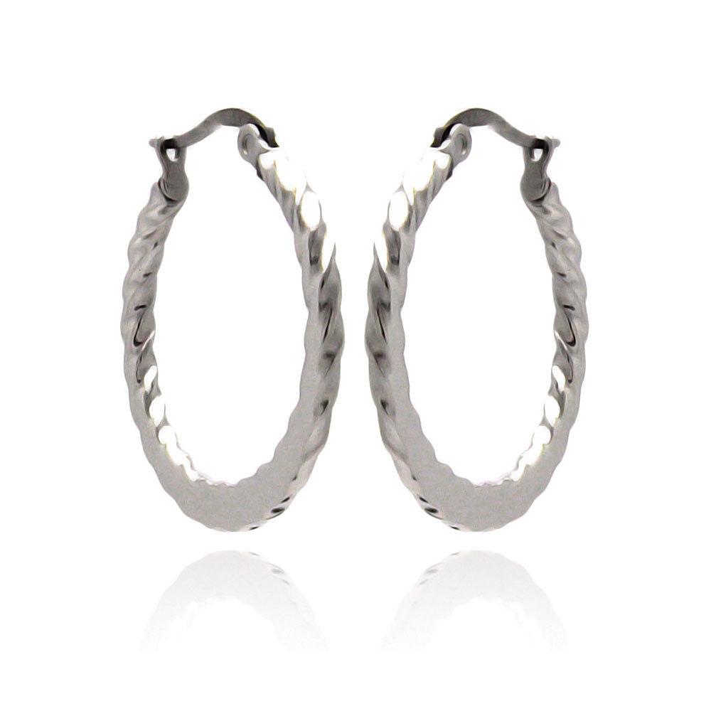 Rhodium Plated Stainless Steel Twisted Flat Hoop Earrings - SSE00063