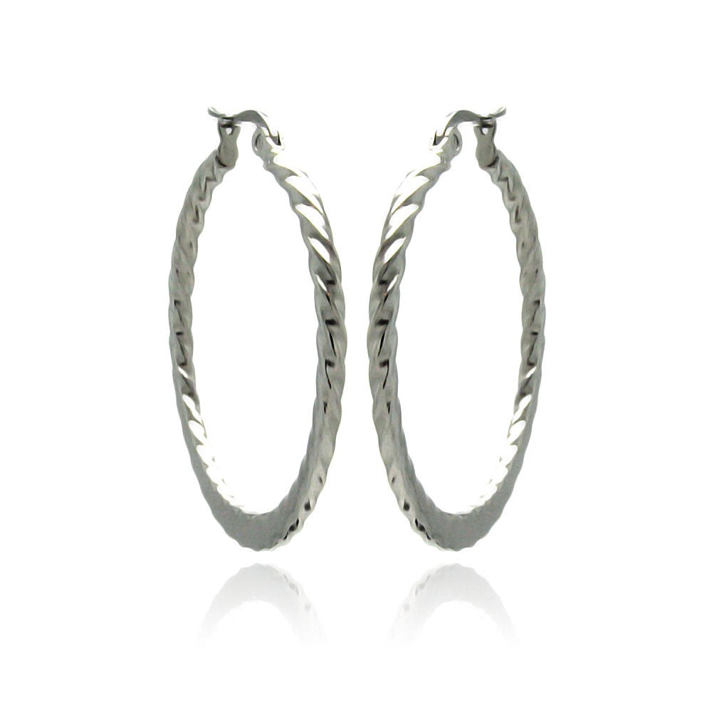 Rhodium Plated Stainless Steel Twisted Flat Hoop Earrings - SSE00063