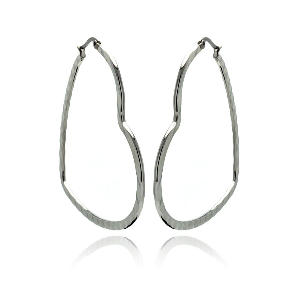 Rhodium Plated Stainless Steel Rectangle Crinkle Heart Hoop Earrings - SSE00067