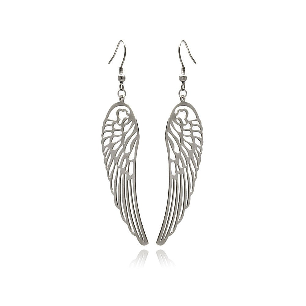Rhodium Plated Stainless Steel Cut Out Wings Dangle Earrings - SSE00093