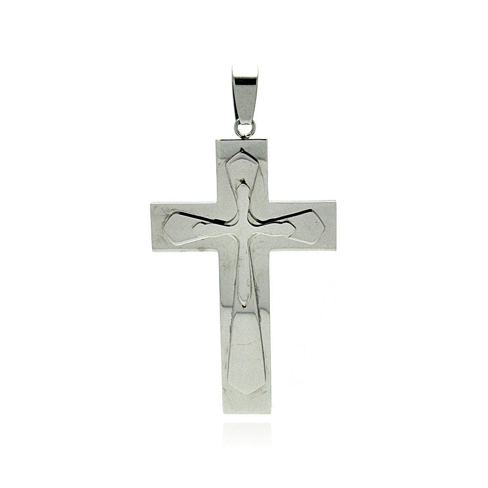 Rhodium Plated Stainless Steel Large Triple Prayer Cross Pendant - SSP00184