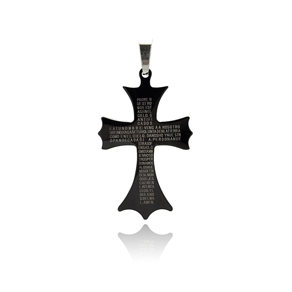 Black Rhodium Plated Stainless Steel Spanish Our Father Cross Pendant - SSP00200