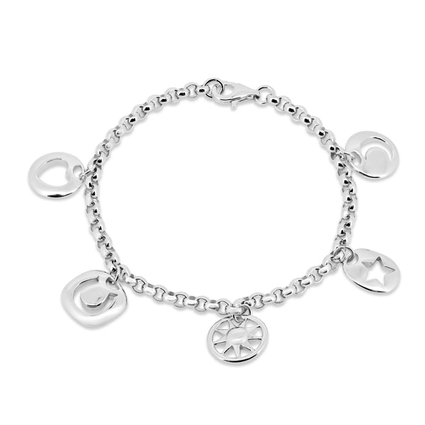 Closeout- Rhodium Plated 925 Sterling Silver Multi Charm Dangling Bracelet - STB00050