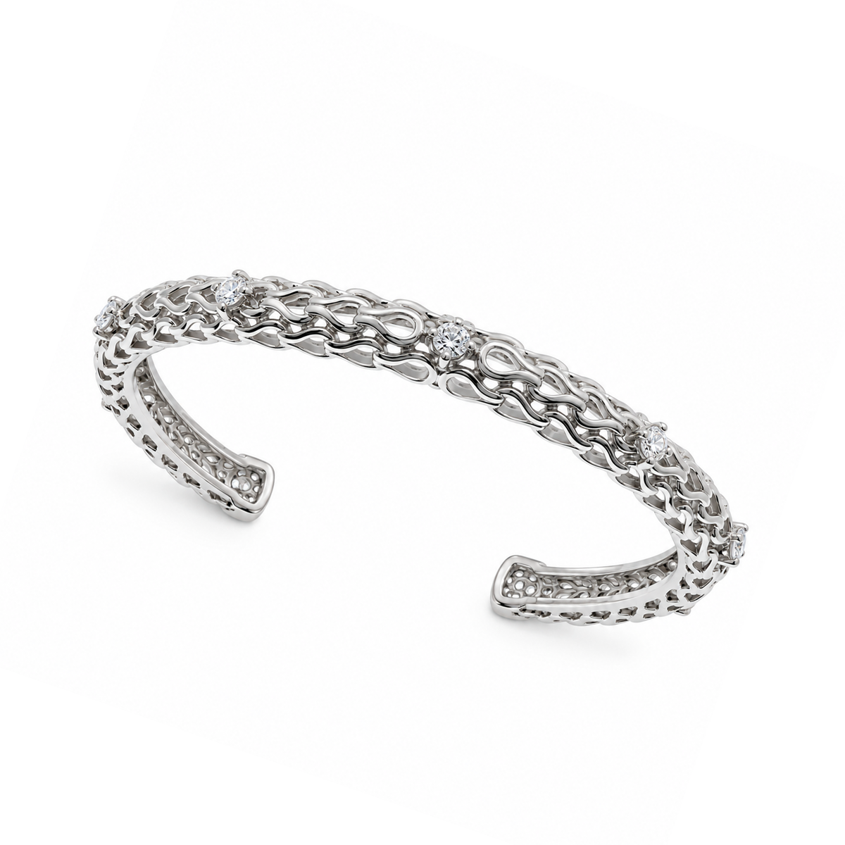Rhodium Plated 925 Silver Filigree CZ Cuff Bangle Bracelet - STB00190