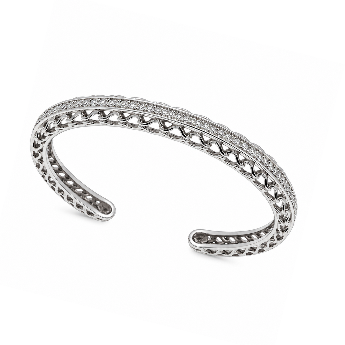 Rhodium Plated 925 Sterling Silver Ornate CZ Cuff Bangle Bracelet - STB00200