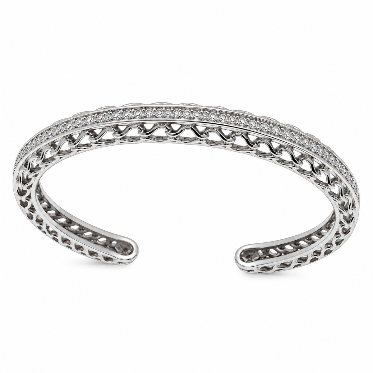 Rhodium Plated 925 Sterling Silver Ornate CZ Cuff Bangle Bracelet - STB00200