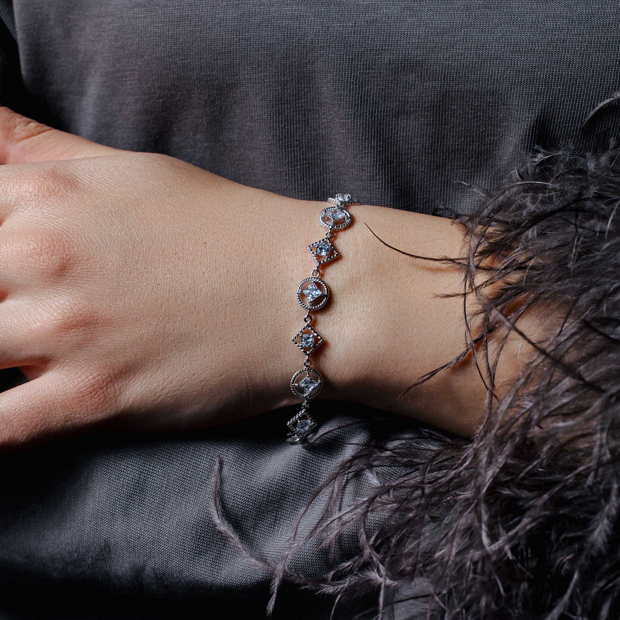 Silver 925 Rhodium Plated Multi Shape Clear CZ Bracelet - STB00283