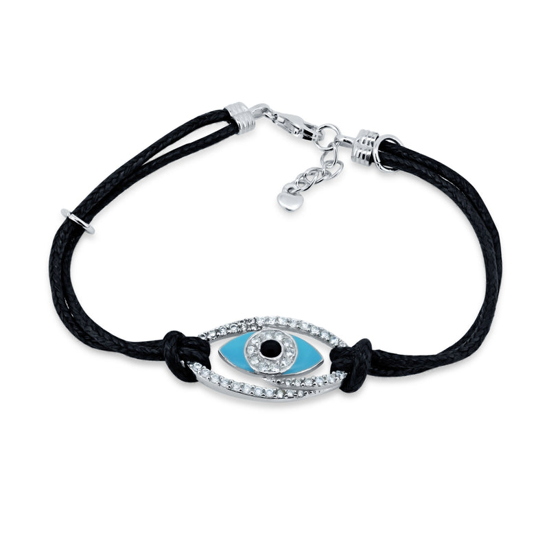 Silver 925 Rhodium Plated Evil Eye Clear and Pink Black Cord Bracelet - STB00399