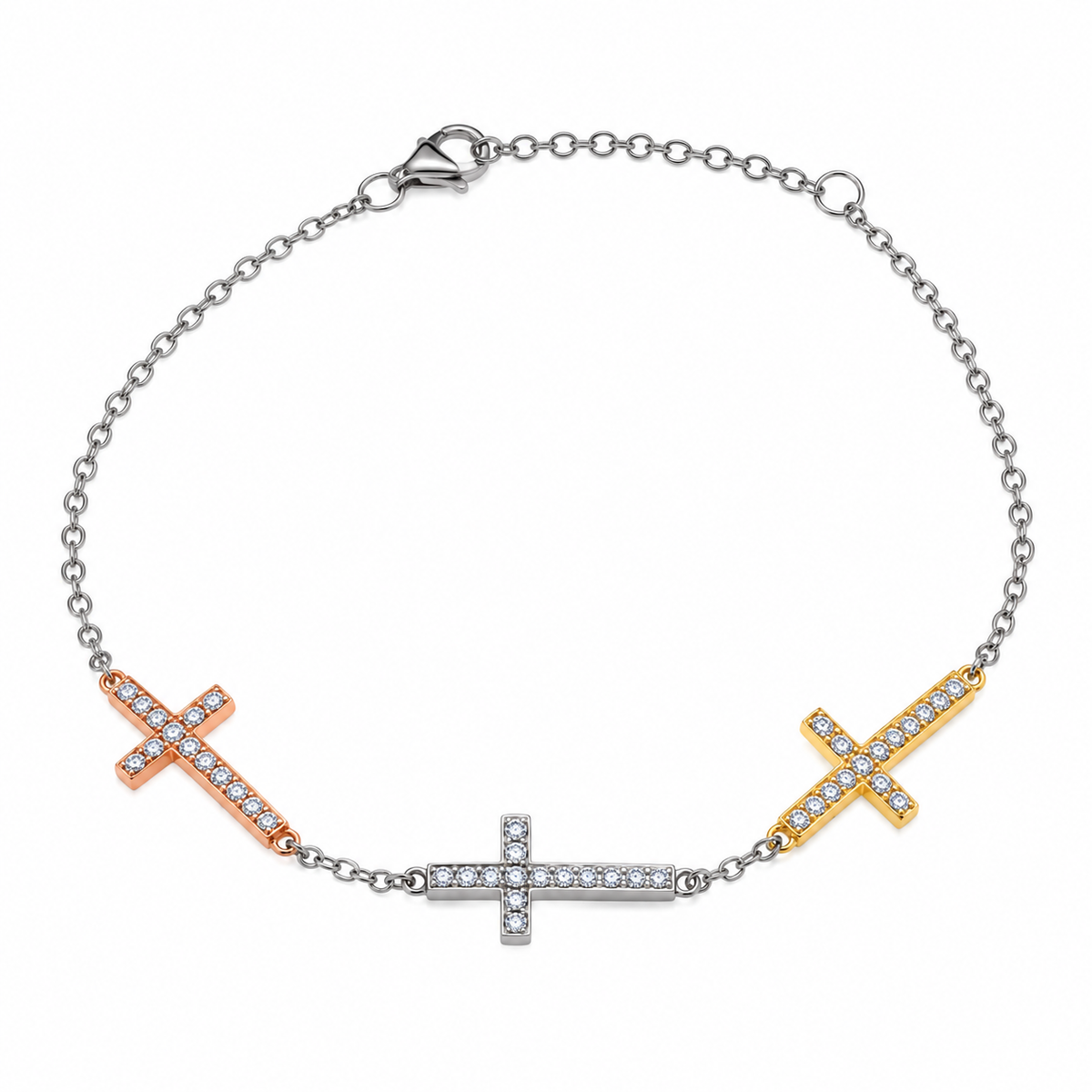 Multi Plated 925 Sterling Silver CZ Sideways Cross Charm Bracelet - STB00591