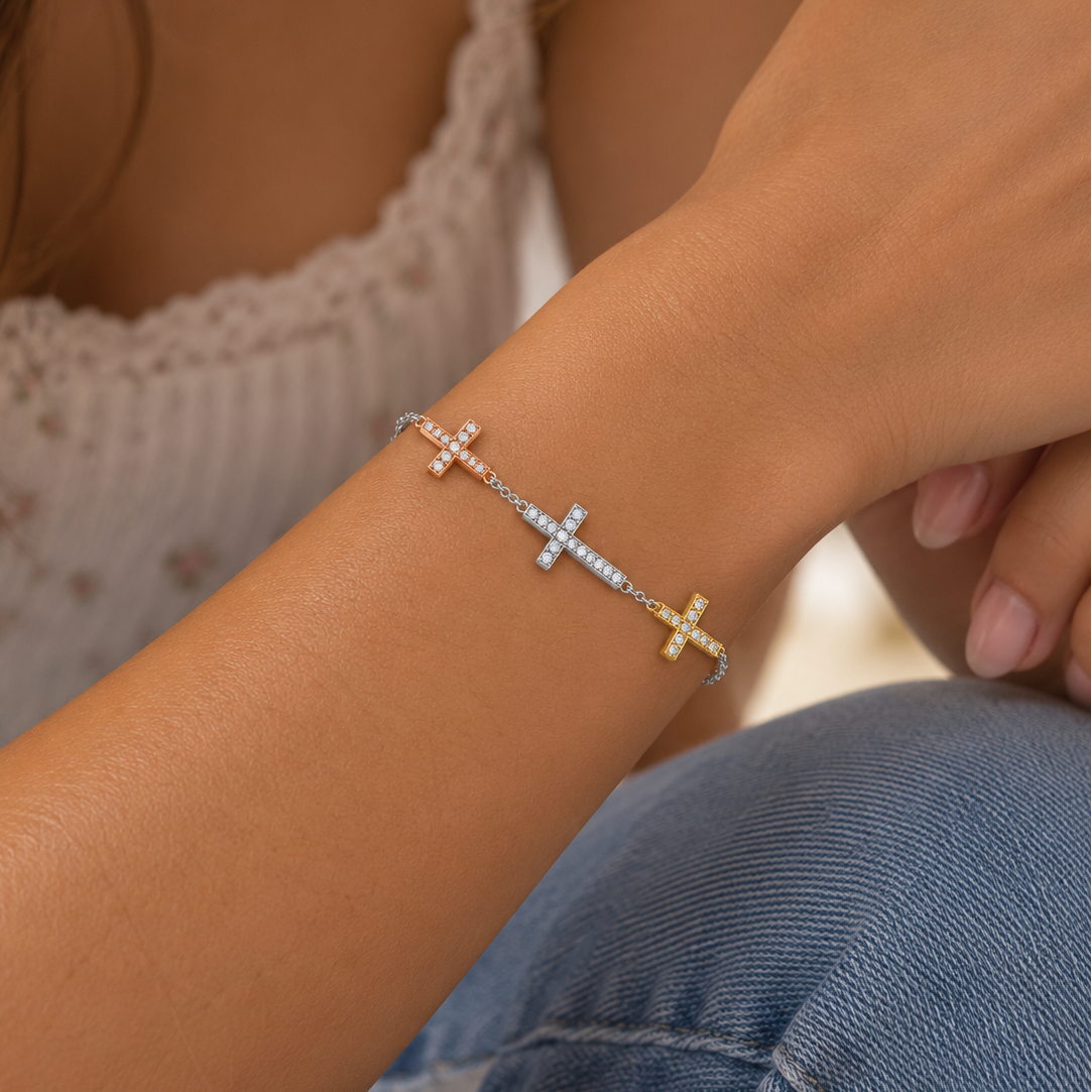 Multi Plated 925 Sterling Silver CZ Sideways Cross Charm Bracelet - STB00591