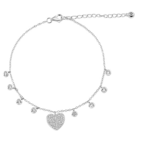 Rhodium Plated 925 Sterling Silver Heart and Round Dangling Charm Bracelet - STB00625