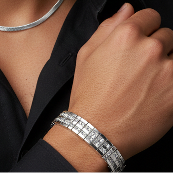 Rhodium Plated 925 Sterling Silver Clear 2 Row CZ Men's Hip Hop Bracelet - STBM00006