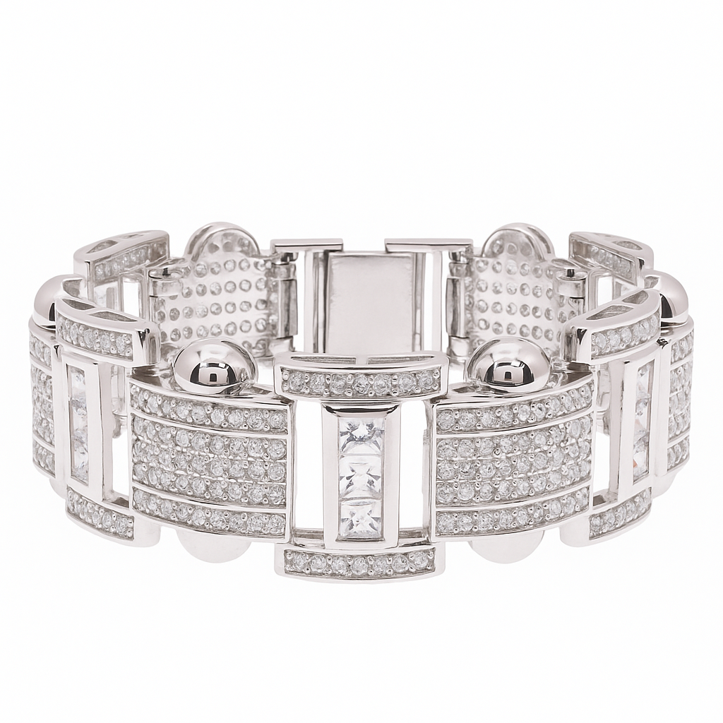 Men's Rhodium Plated 925 Sterling Silver Link Clear Square and Round CZ Studded 20mm Bracelet - STBM00041-9
