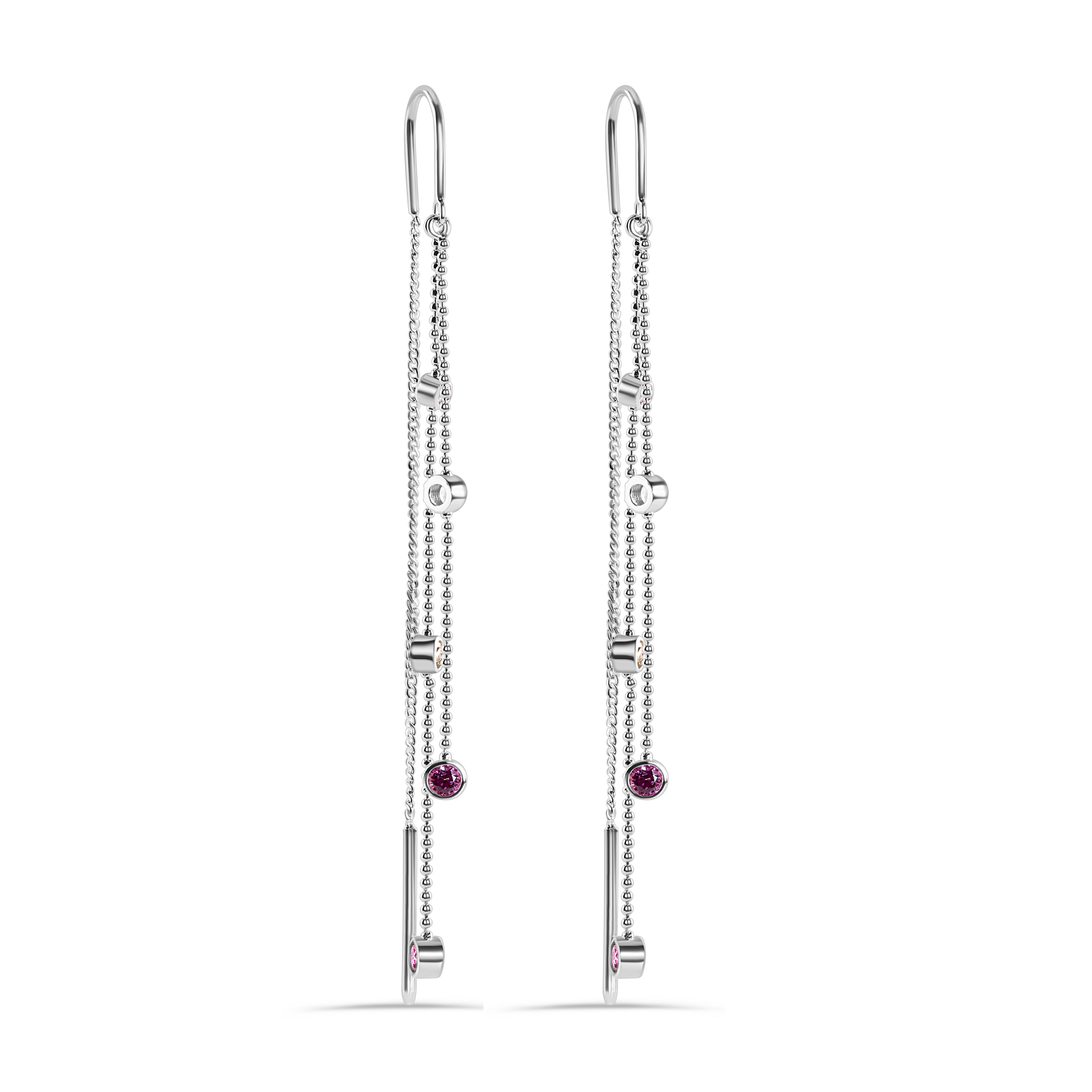 Rhodium Plated 925 Sterling Silver Three Strand Round Multi Color CZ Threader Earring - STE00081