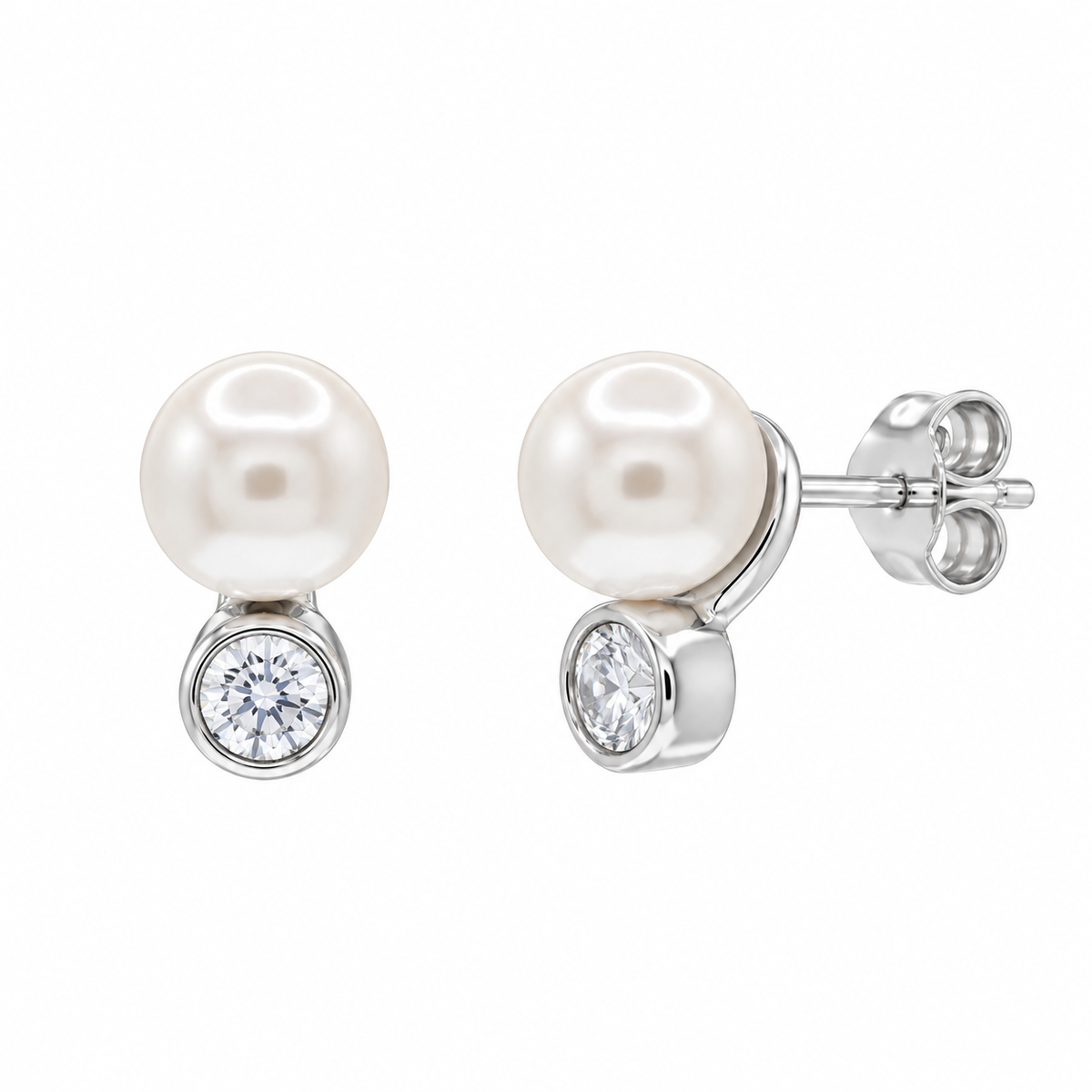 Rhodium Plated 925 Sterling Silver Pearl & Bezel Set CZ Earrings - STE00909