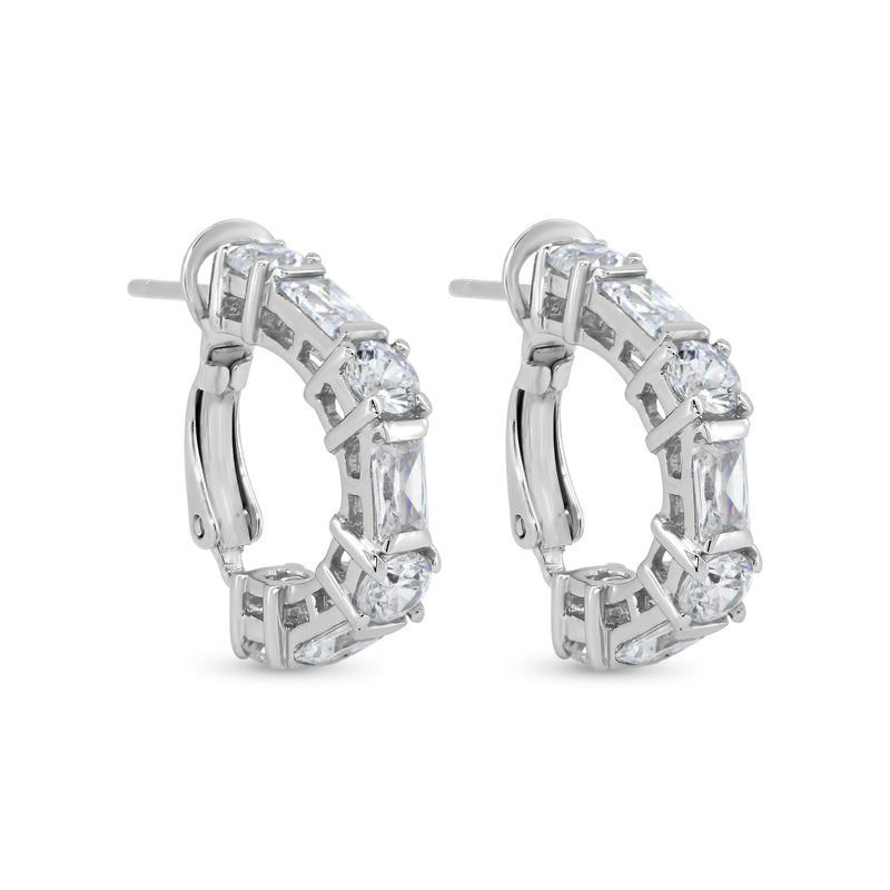 Silver 925 Rhodium Plated Blue and Clear Rectangle and Round Circle CZ Stud Earrings - STE00932
