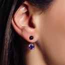 Pendientes de plata de ley 925 rodiada con piedra natal, perla sintética negra y circonitas moradas en la parte delantera y trasera - STE00999FEB