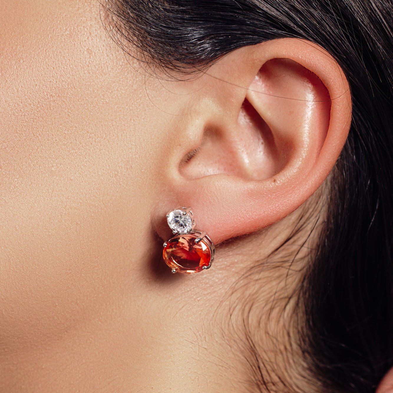 Rhodium Plated 925 Sterling Silver Drop Clear and Peach CZ Stud Earrings - STE01205