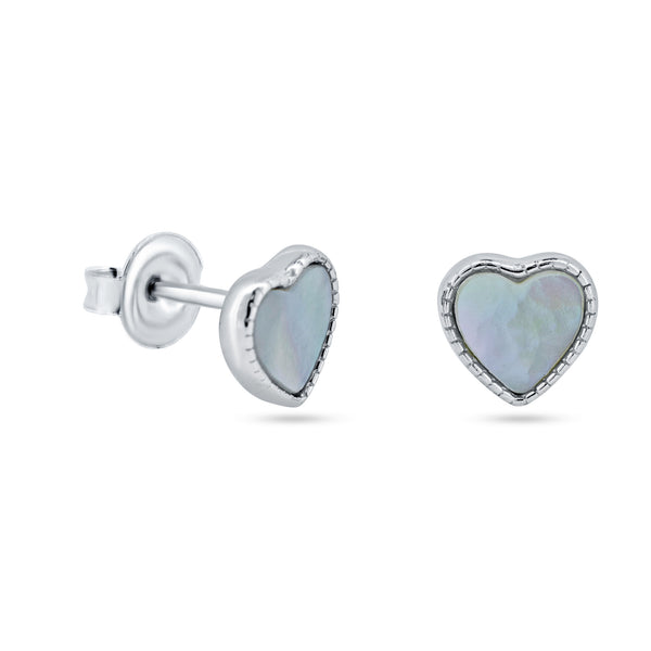 Rhodium Plated 925 Sterling Silver MOP Heart Stud Earrings - STE01364