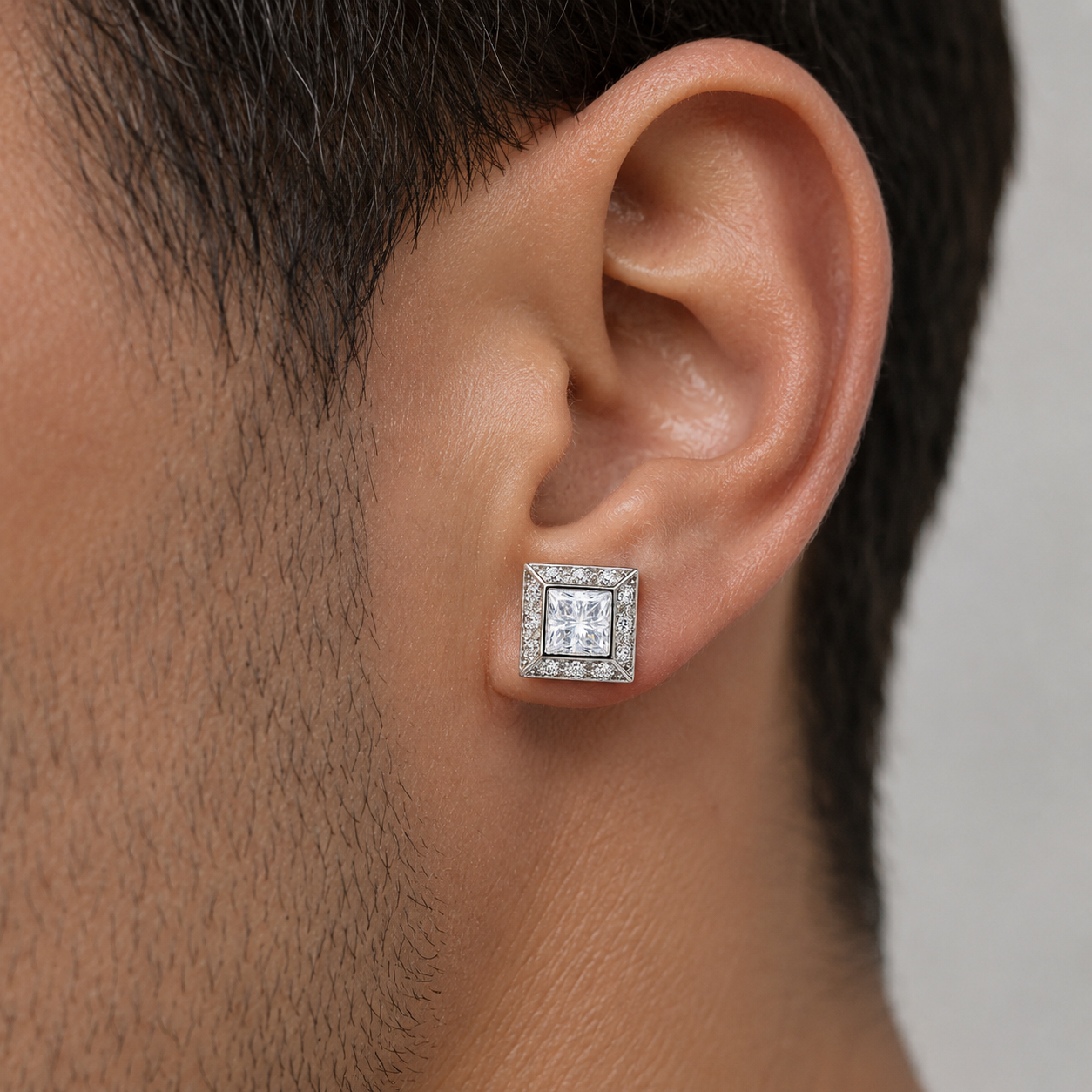 Clearance-Rhodium Plated 925 Sterling Silver Men's CZ Stud Earrings - STEM040