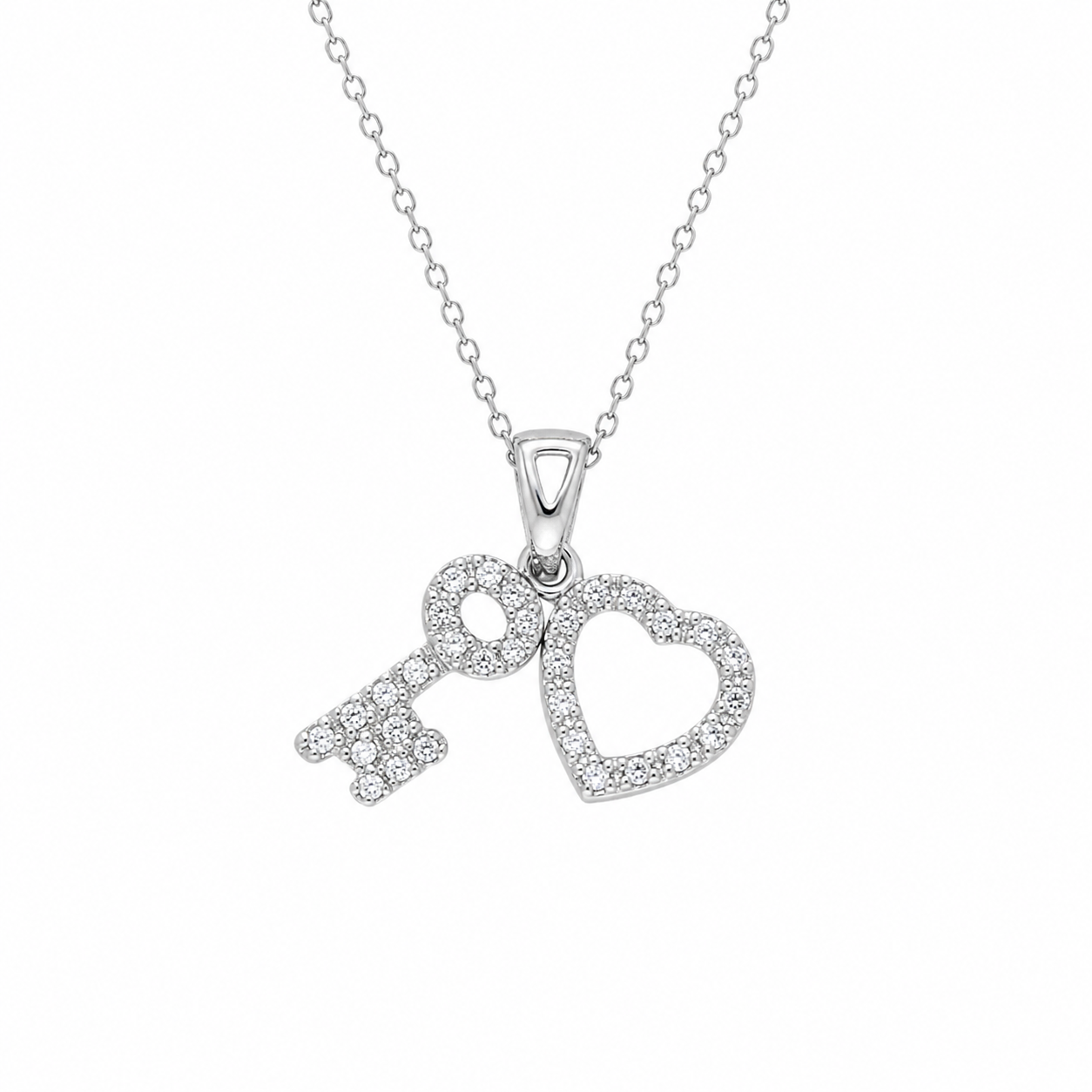 Rhodium Plated 925 Sterling Silver CZ Heart & Pendant Necklace - STP00010