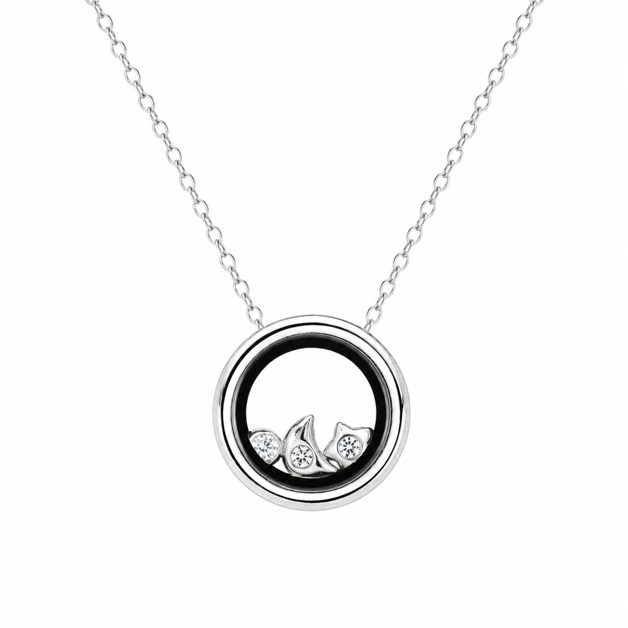 Rhodium Plated 925 Sterling Silver Floating Star, Moon & CZ Locket Pendant Necklace- STP00058