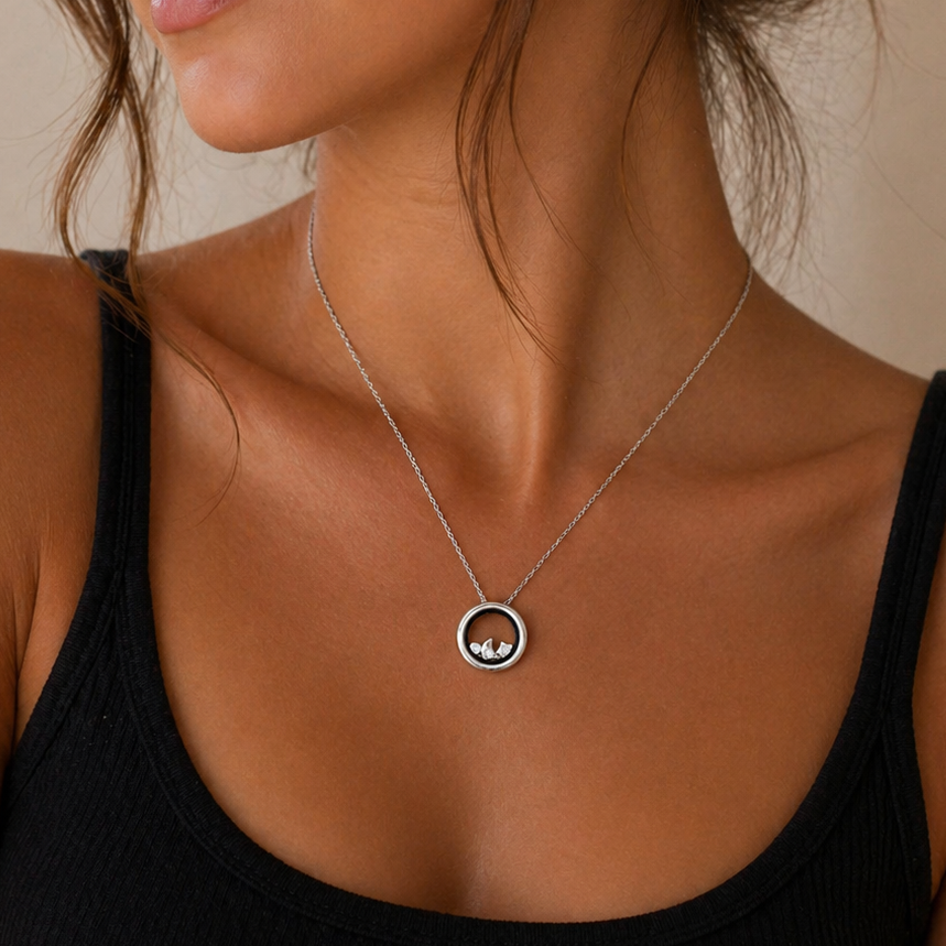 Rhodium Plated 925 Sterling Silver Floating Star, Moon & CZ Locket Pendant Necklace- STP00058