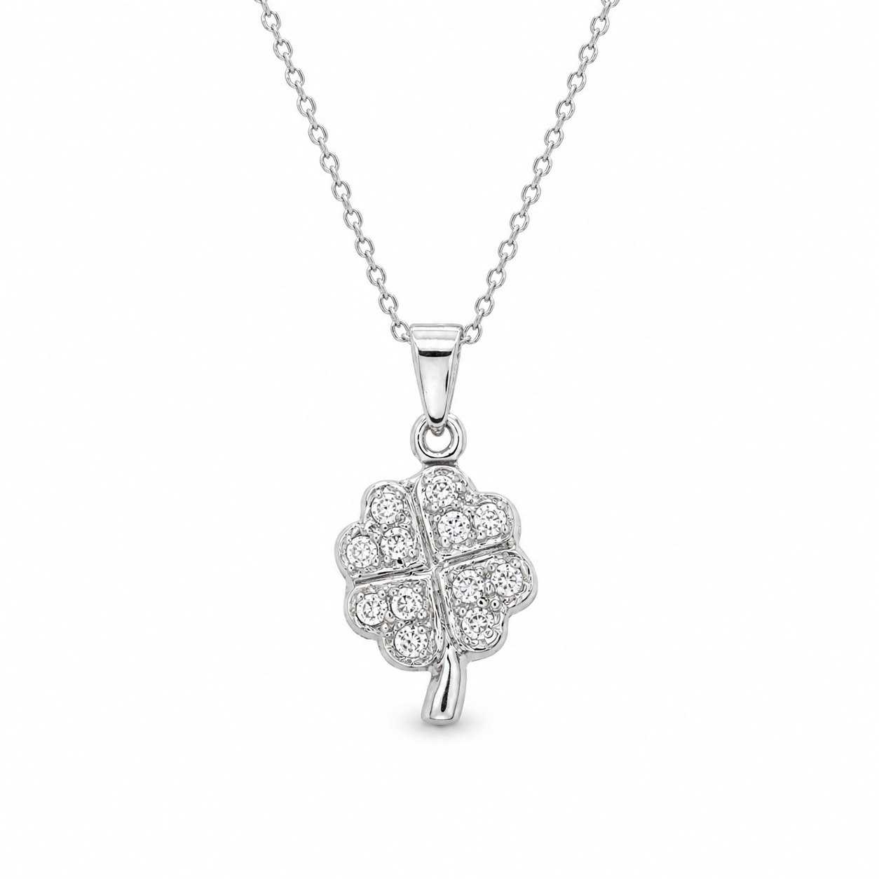 Clearance-Rhodium Plated 925 Sterling Silver Double Sided CZ Clover Pendant Necklace - STP00135