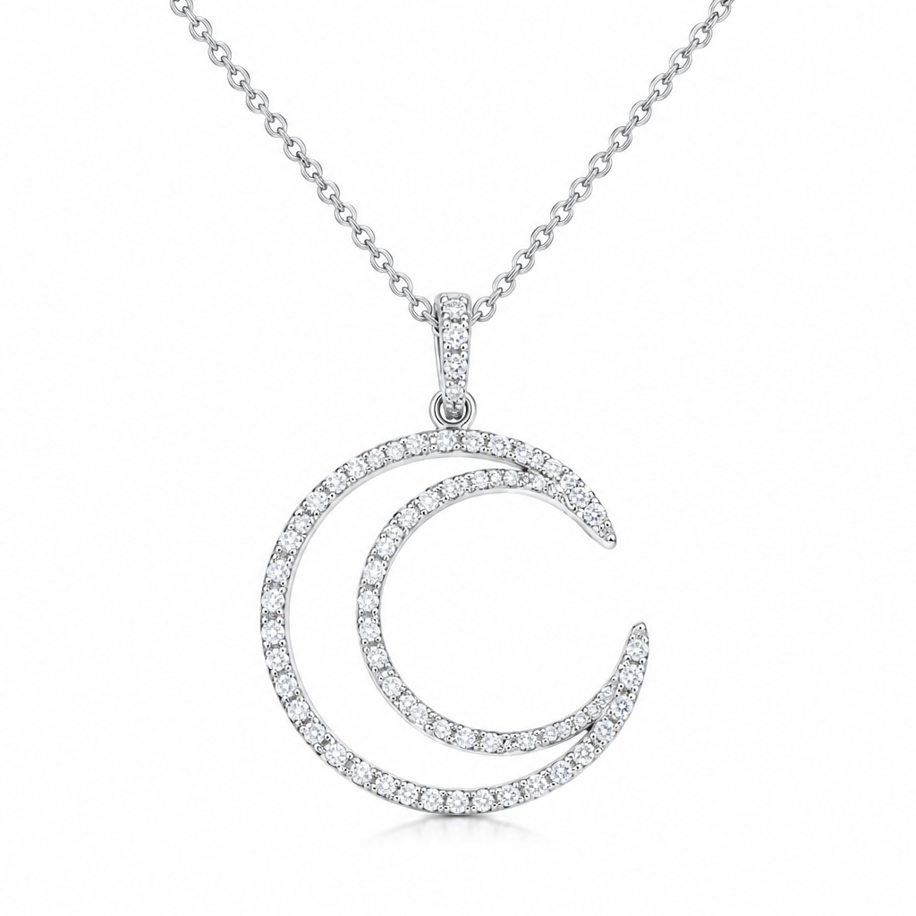 Rhodium Plated 925 Sterling Silver CZ Crescent Moon Pendant Necklace - STP00172