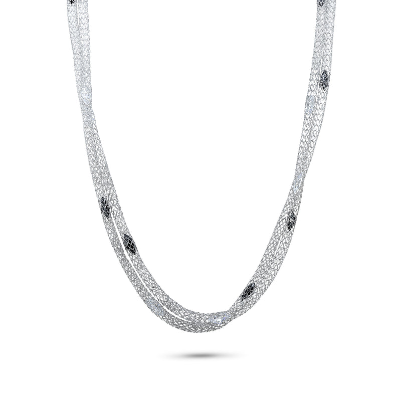 Silver 925 Rhodium Plated Snake Shed Skin Multiple Black and Clear Marquis CZ Necklace - STP00580