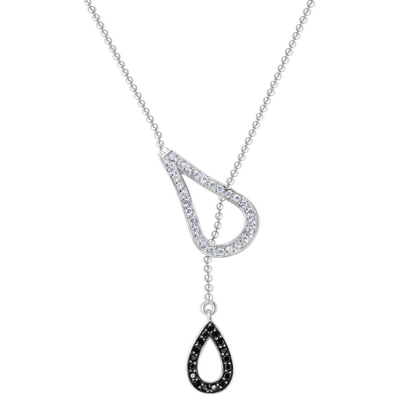 Closeout-Silver 925 Rhodium Plated Two Teardrop Black and Clear CZ Wire Dangling Necklace - STP00583
