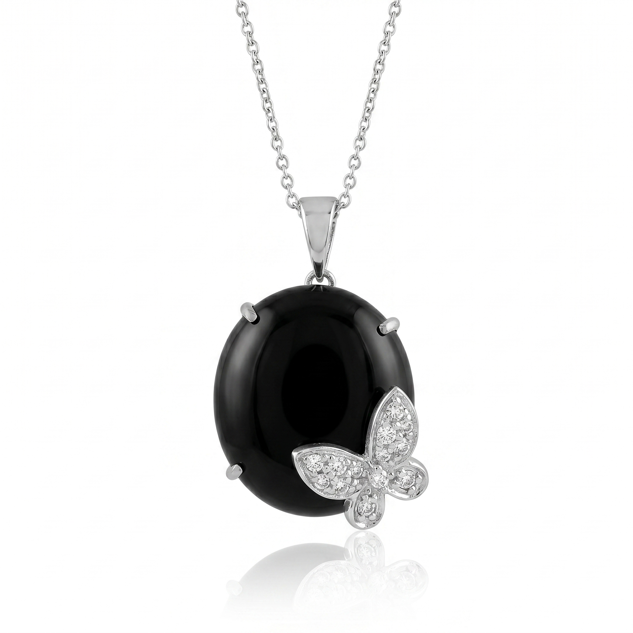 Liquidación-Collar con colgante de mariposa con ópalo redondo de plata de ley 925 chapado en rodio con circonitas transparentes - STP00628