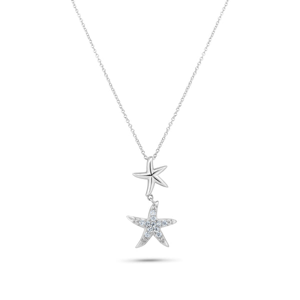 Rhodium Plated 925 Sterling Silver CZ Double Starfish Dangling Necklace - STP00751