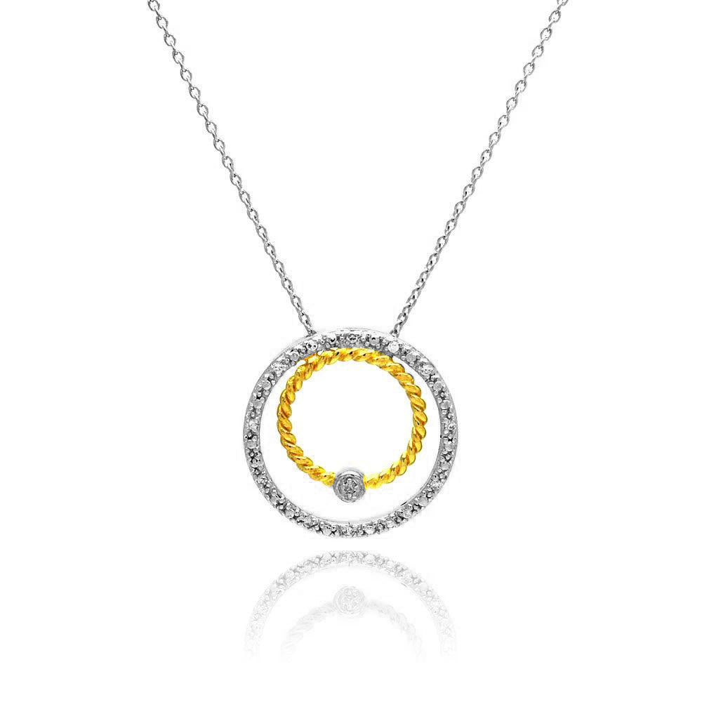 Liquidación-Collar con colgante de círculo de plata de ley 925 de dos tonos con circonita cúbica - STP00755