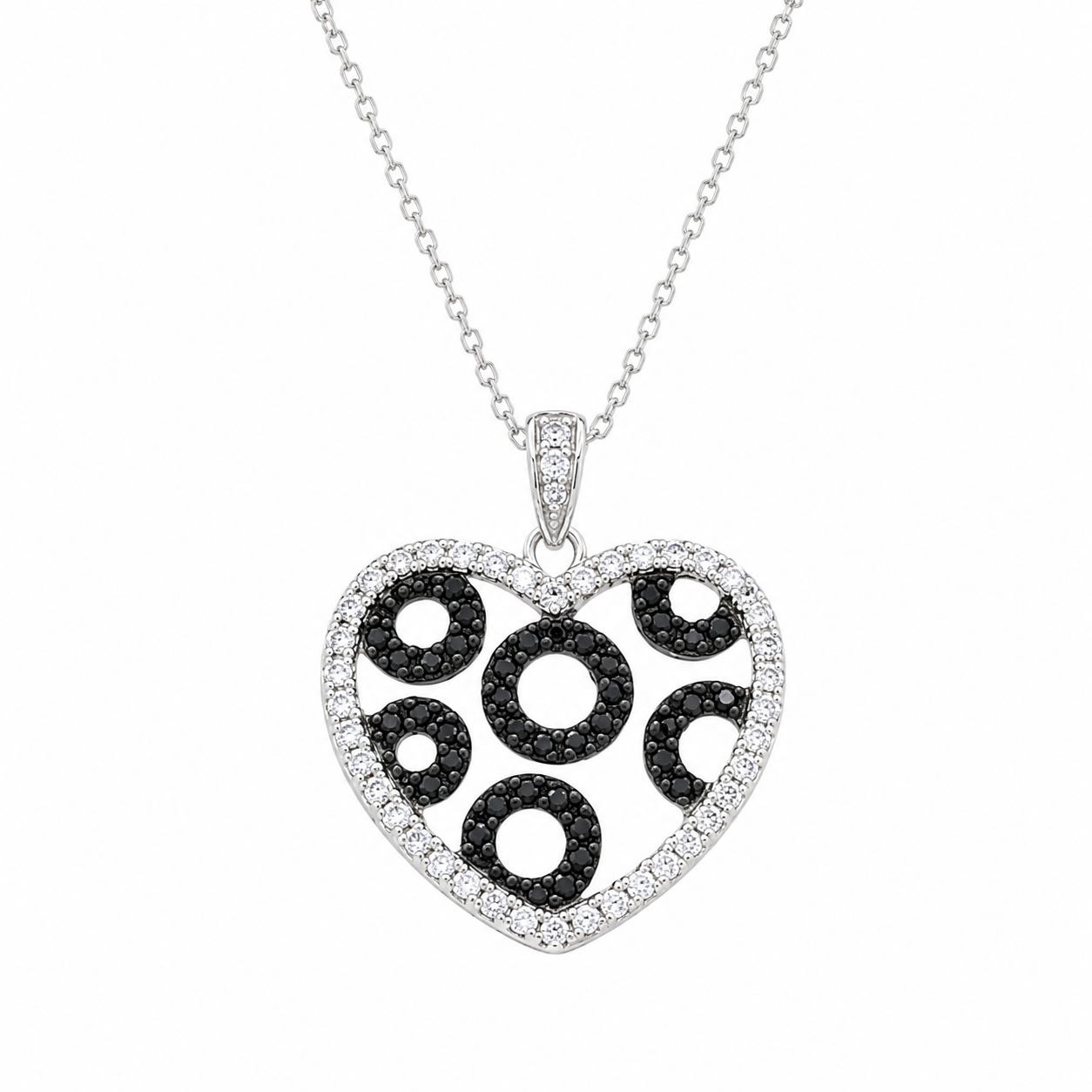 Collar con colgante de corazón circular con circonitas transparentes y negras bañadas en rodio y plata 925 - STP00820