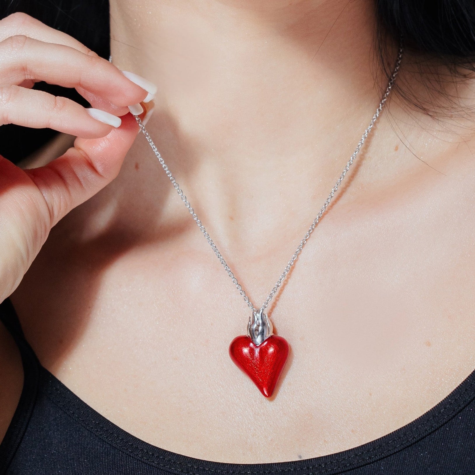 Rhodium Plated 925 Sterling Silver Red Enamel Heart Necklace - STP00845