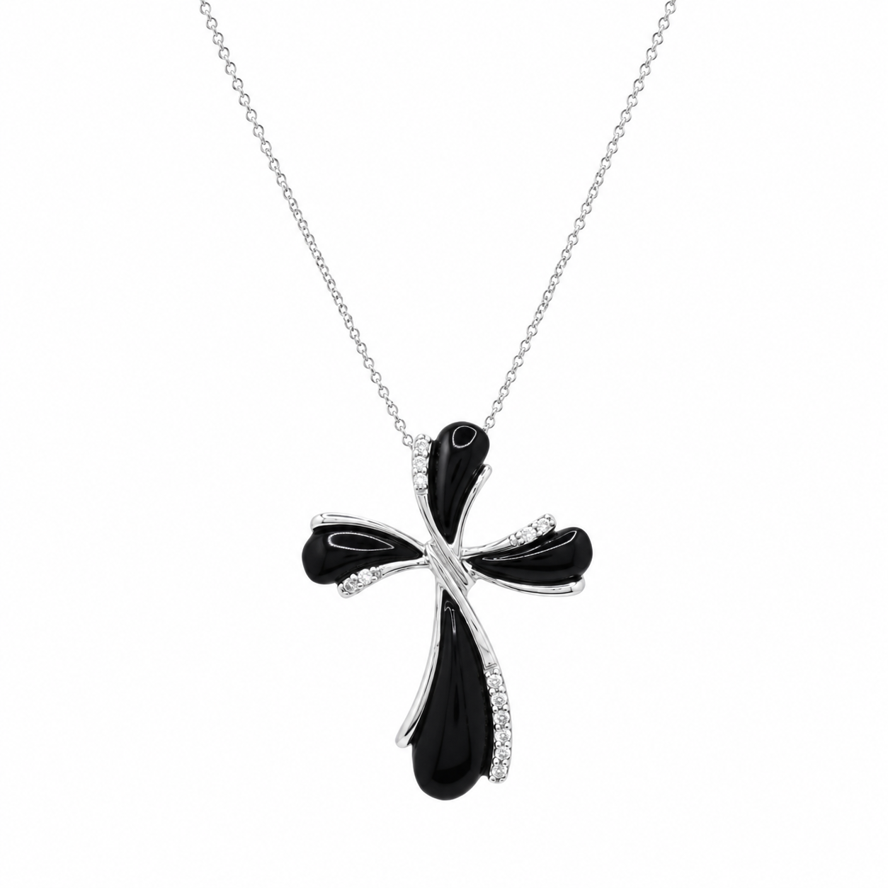 Collar con colgante de cruz de pera negra con circonita transparente chapada en rodio de plata 925 - STP00890