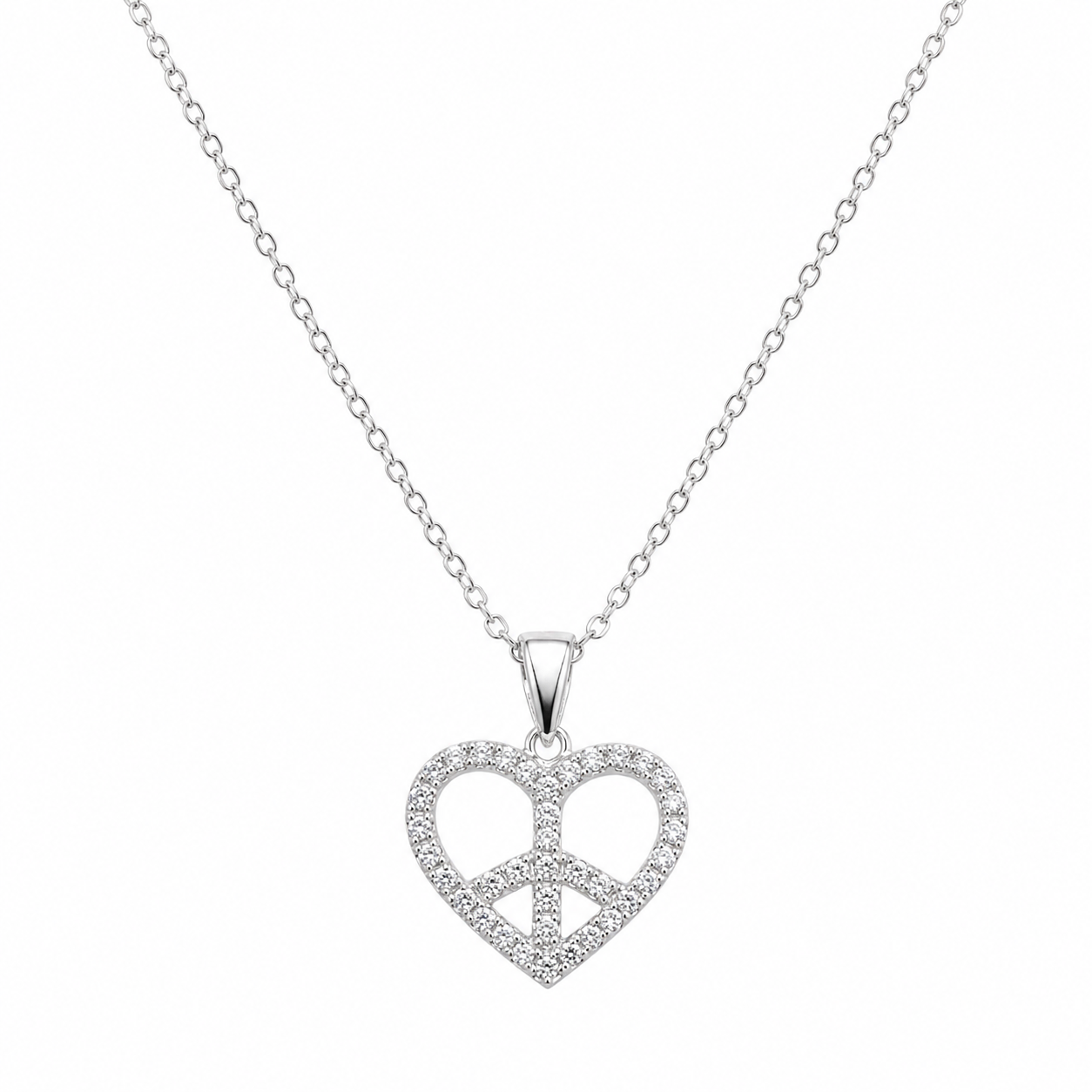 Clearance- Rhodium Plated 925 Silver Heart Peace Sign CZ Pendant Necklace - STP00896