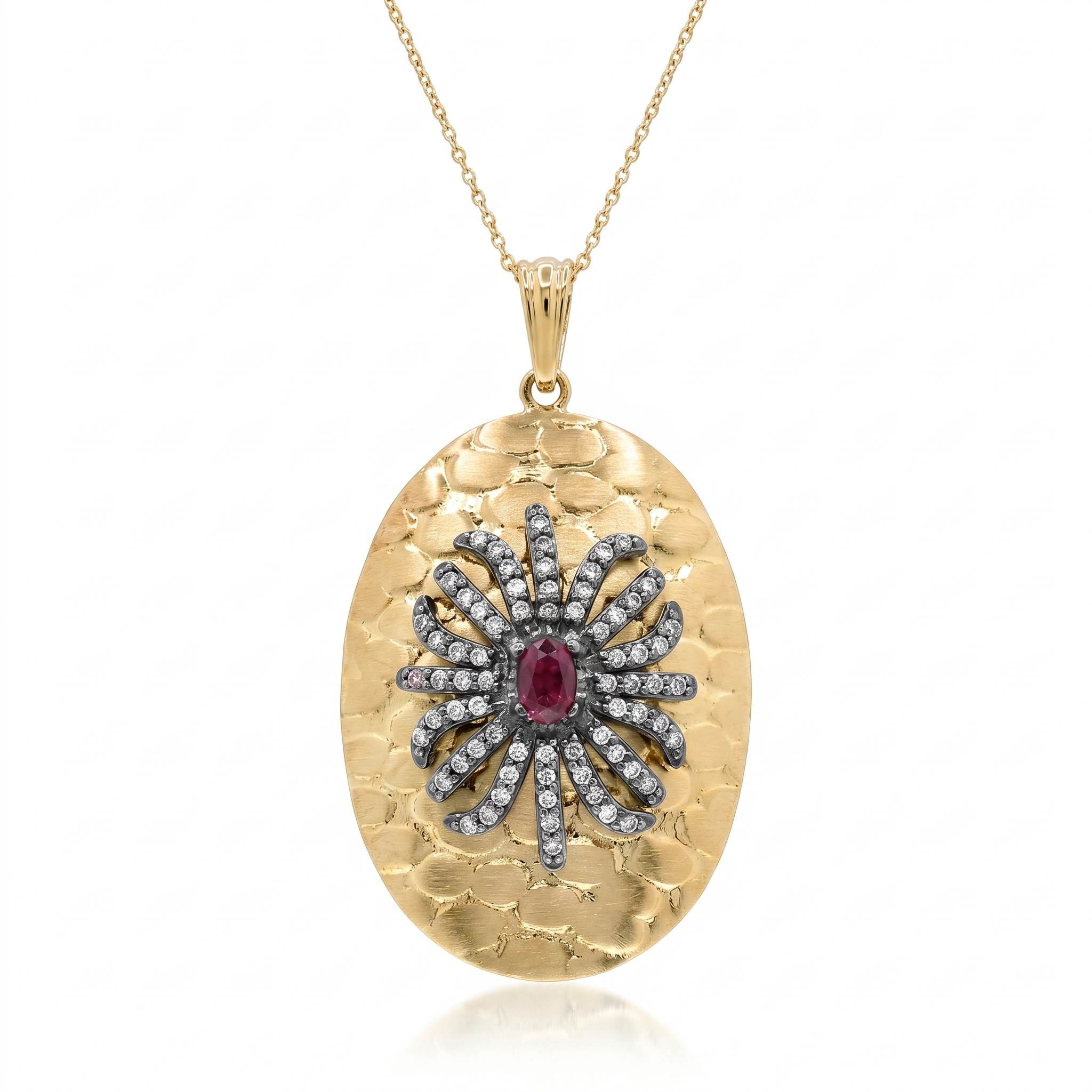 Clearance-Two Tone 925 Sterling Silver Oval Hammered CZ Starburst & Ruby Pendant Necklace - STP00949