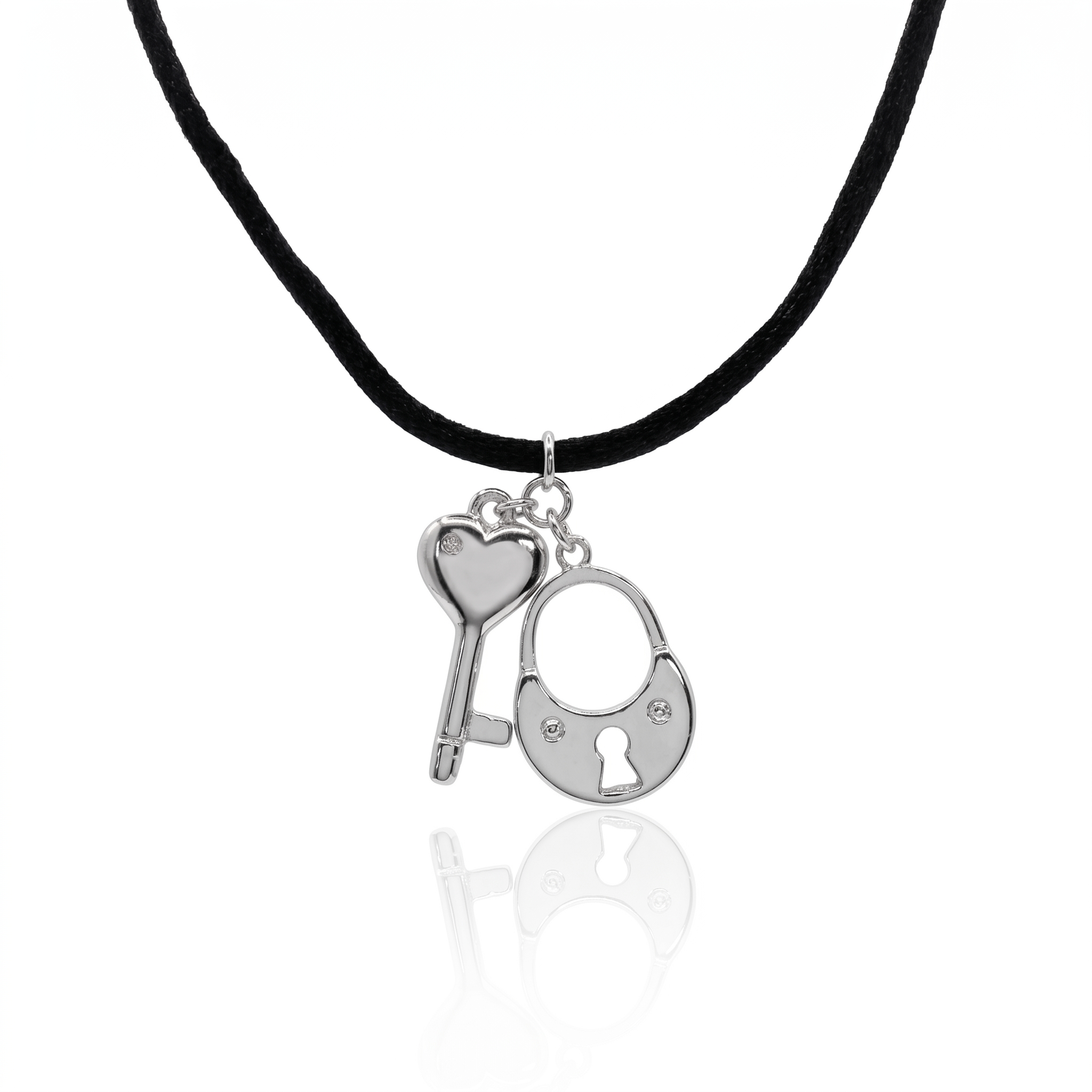 Clearance-Rhodium Plated 925 Sterling CZ Silver Lock & Key Silk Cord Adjustable Pendant Necklace - STP00956