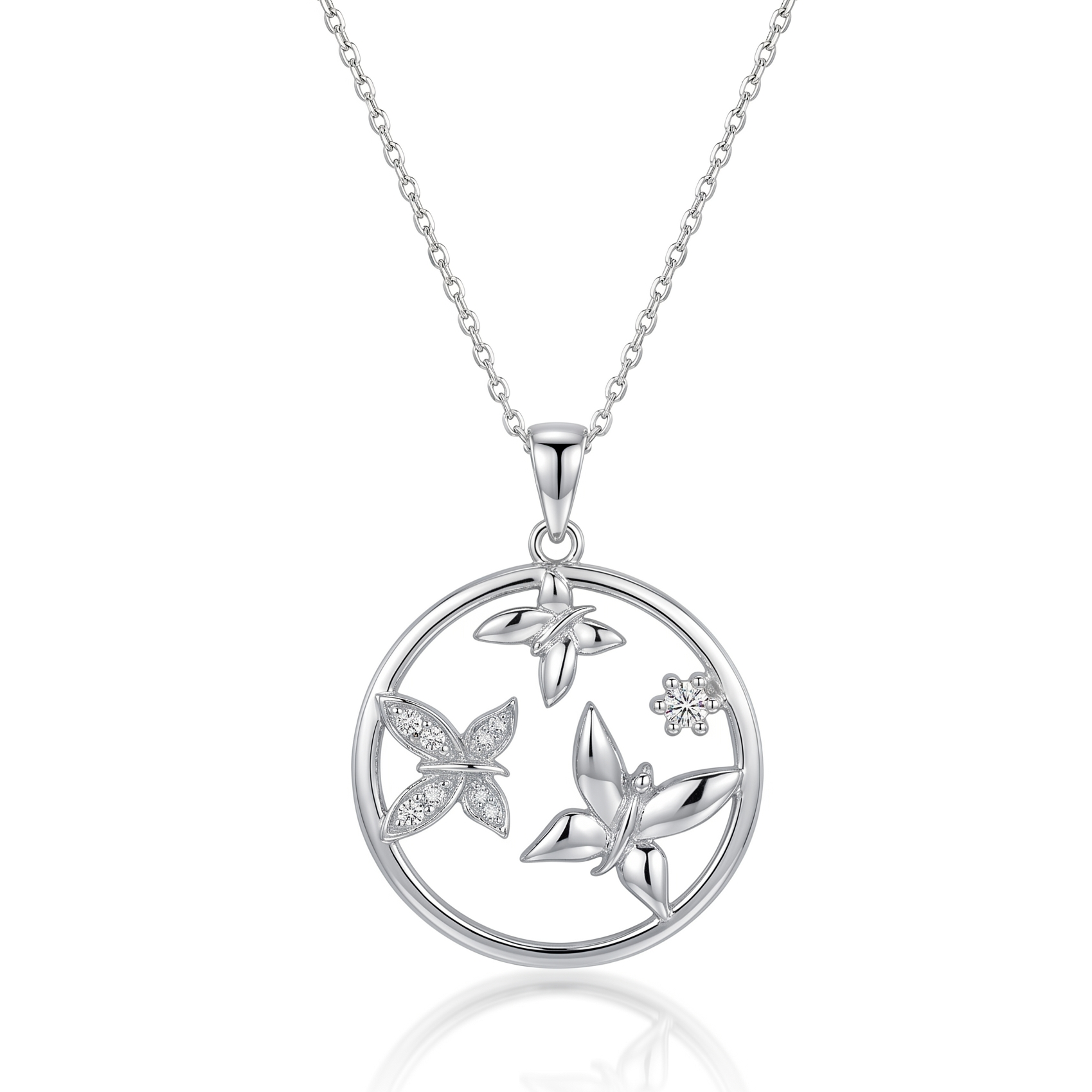 Rhodium Plated 925 Sterling Silver CZ Multi Butterfly Circle Pendant Necklace - STP00957