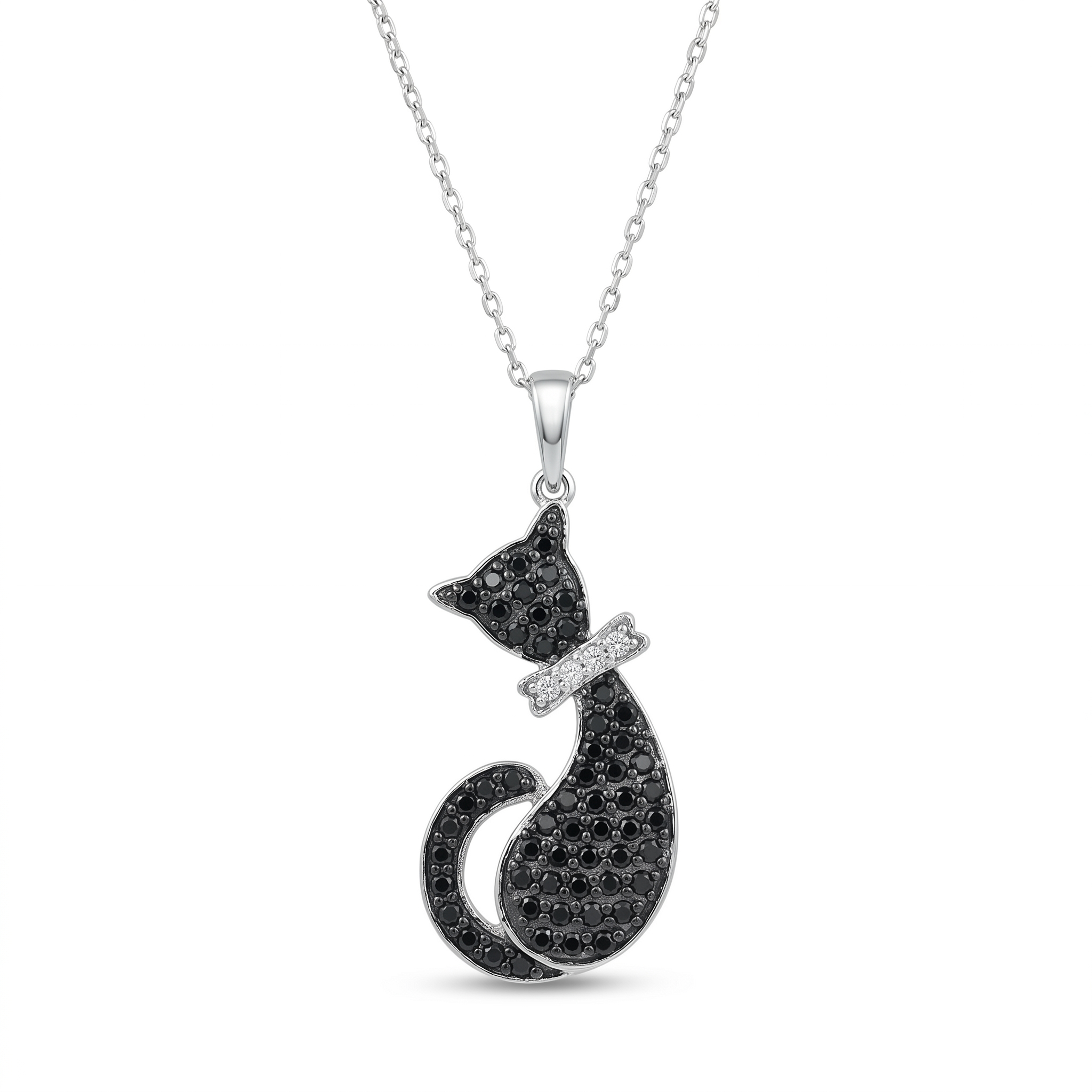 Rhodium Plated 925 Sterling Silver Black CZ Cat Pendant Necklace - STP00967
