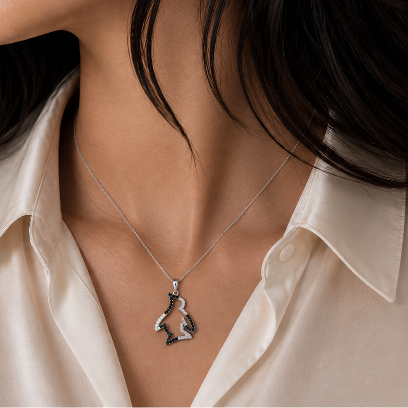 Rhodium Plated 925 Sterling Silver Black & White CZ Penguin Pendant Necklace - STP00968