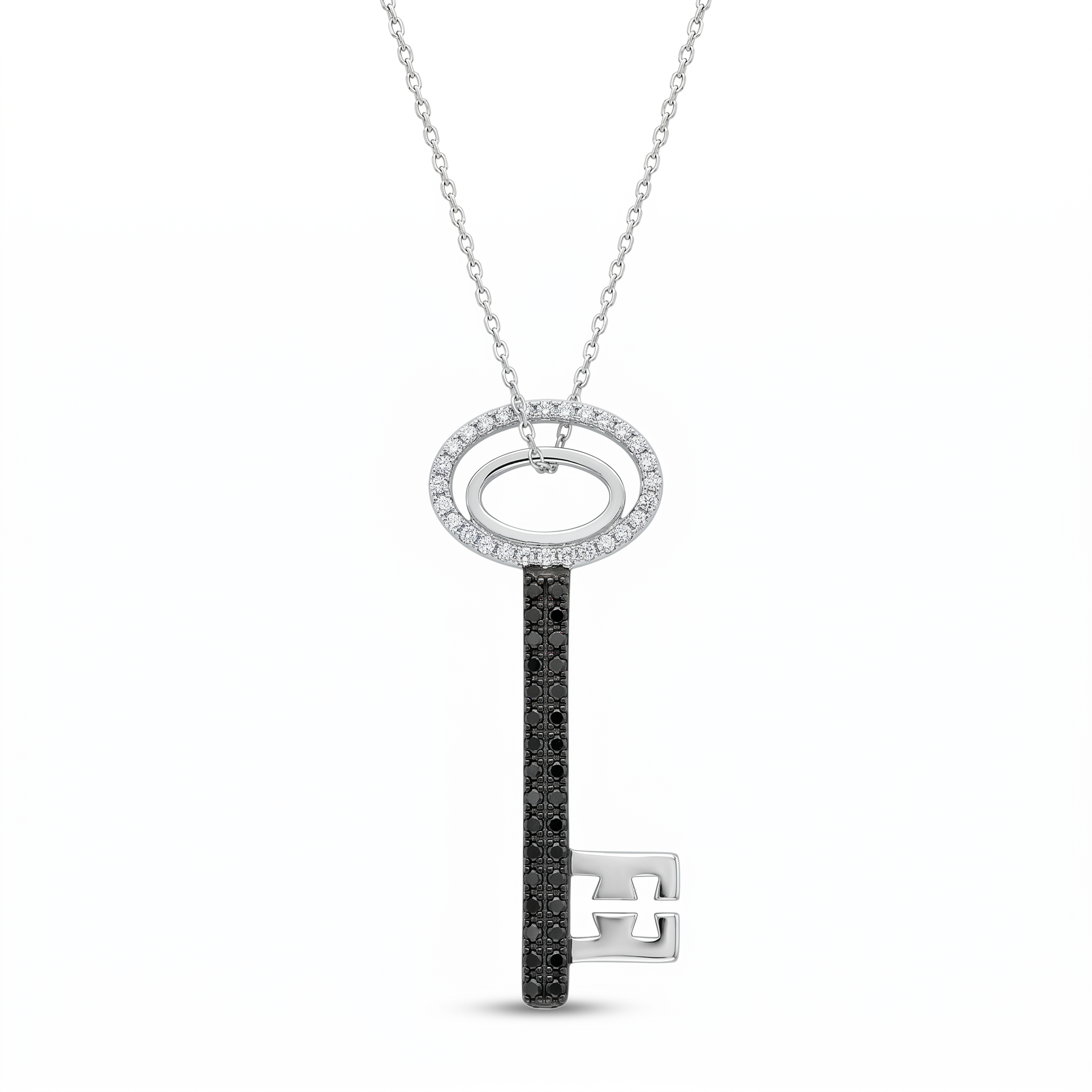 Collar con colgante de llave de plata 925 rodiada y rodiada negra con circonitas transparentes y negras - STP00995