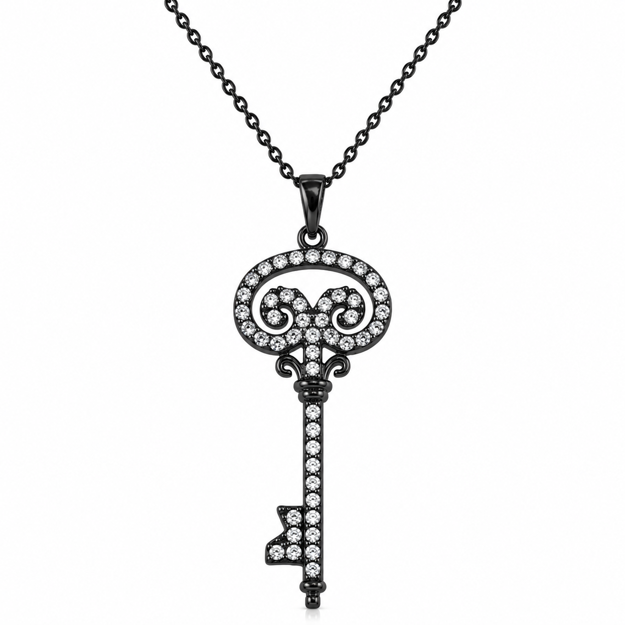 Collar con colgante de llave de circonita transparente chapado en rodio negro de plata 925 - STP00998