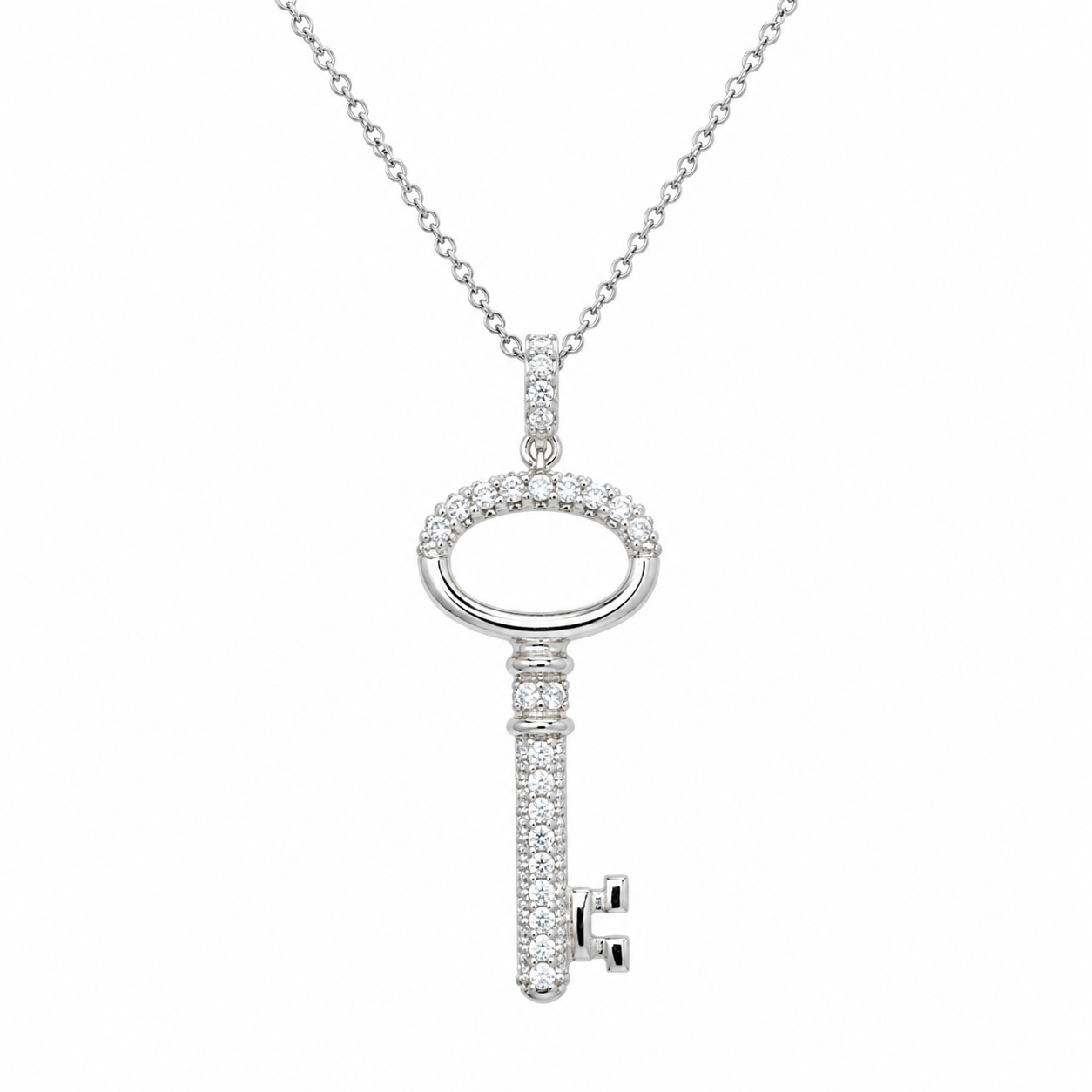 Rhodium Plated 925 Silver Thick Clear CZ Key Pendant Necklace - STP01001
