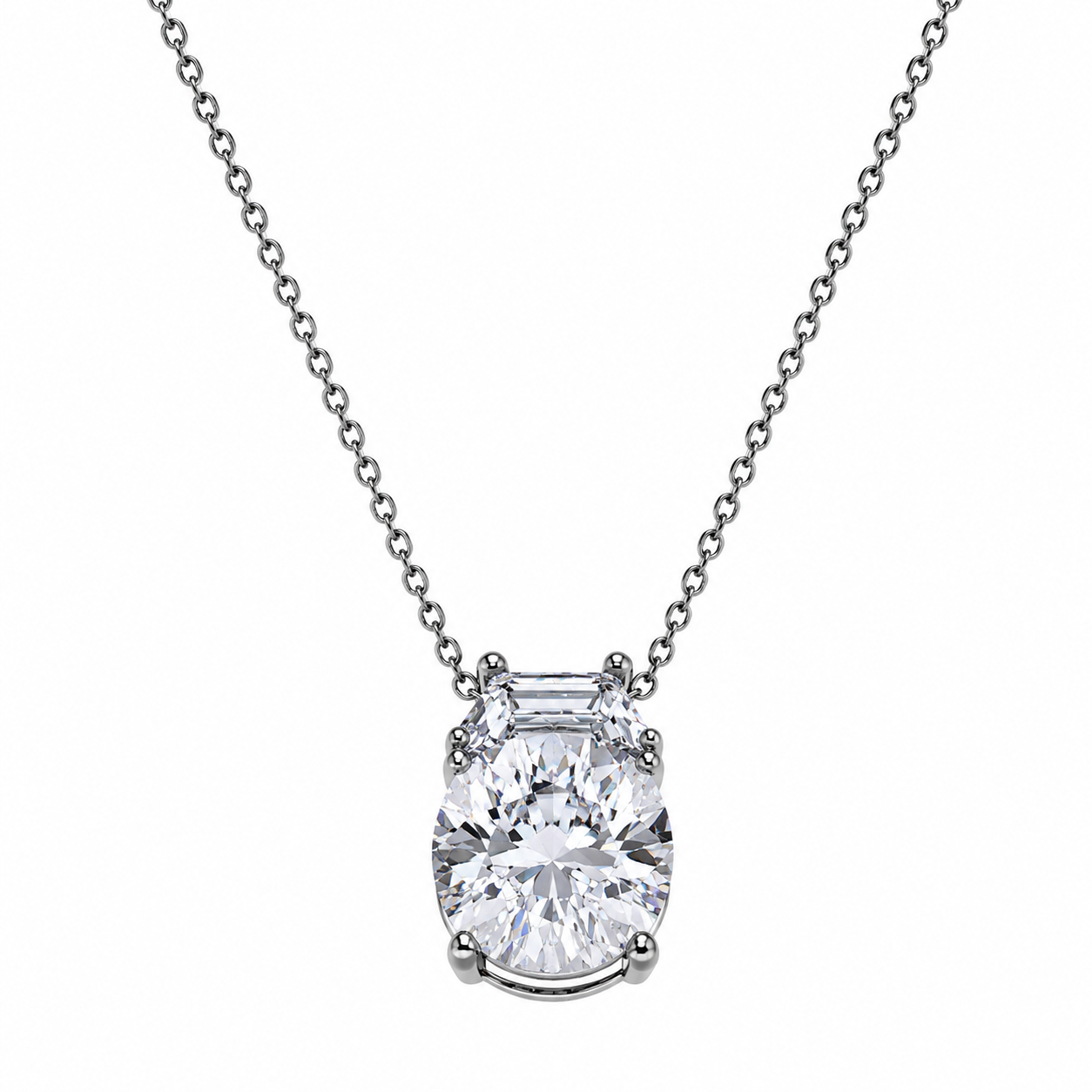 Rhodium Plated 925 Silver Clear CZ Baguette & Round Pendant Necklace - STP01020